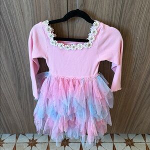 Girls Pink Daisy Trim Tulle Dress